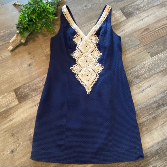 LILLY PULITZER Navy “Junie” Shift Dress with Gold Embroidered Detailing, Size 4 - Picture 2 of 16